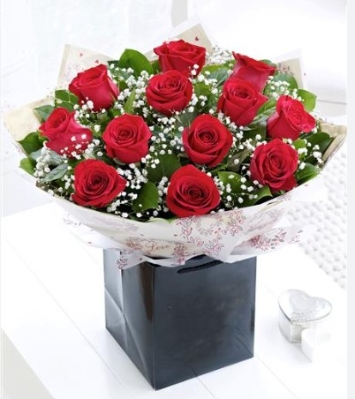 12 Red Roses with Baby Breath